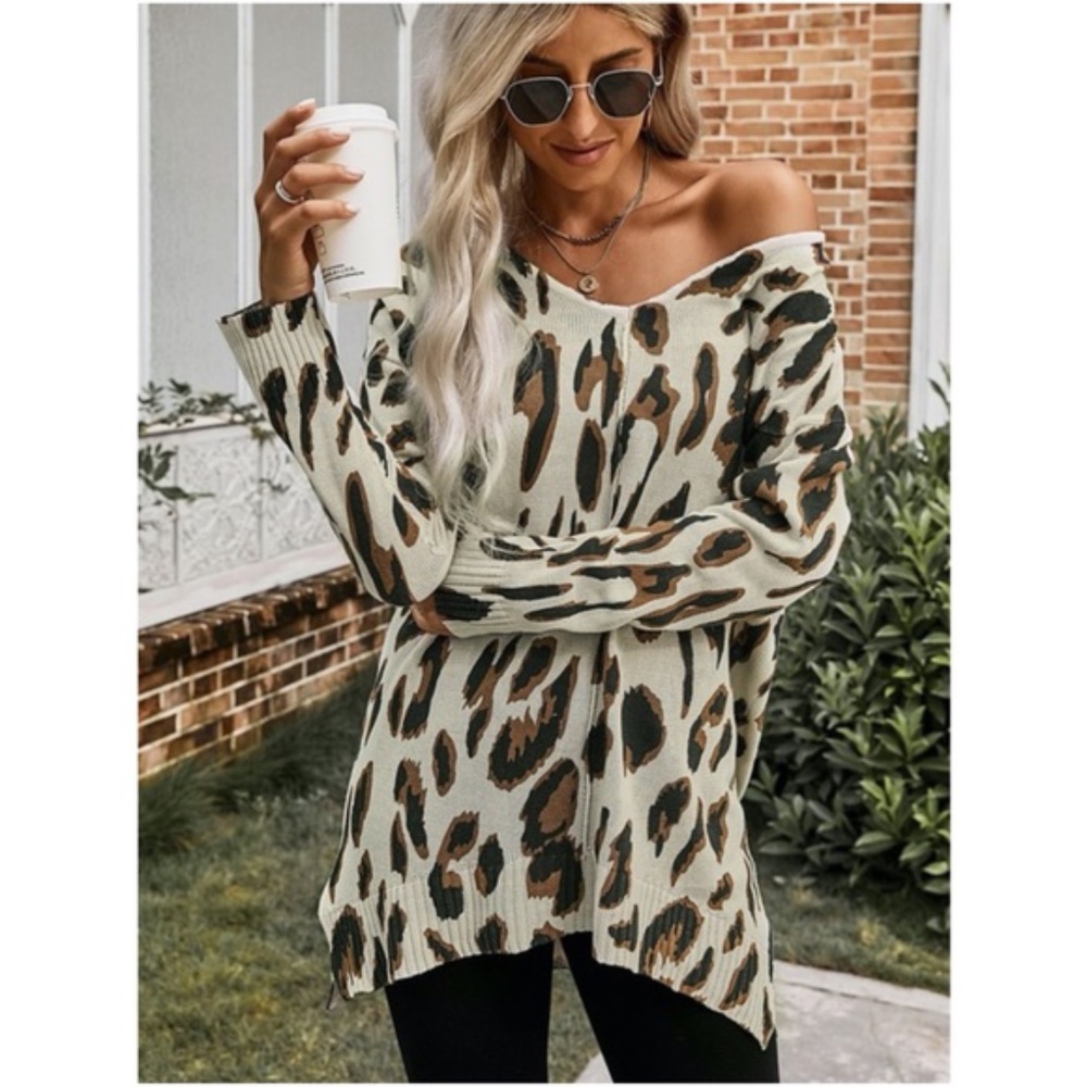 V Neck fall Leopard print Knit Tunic Sweater tan - Picture 1 of 5